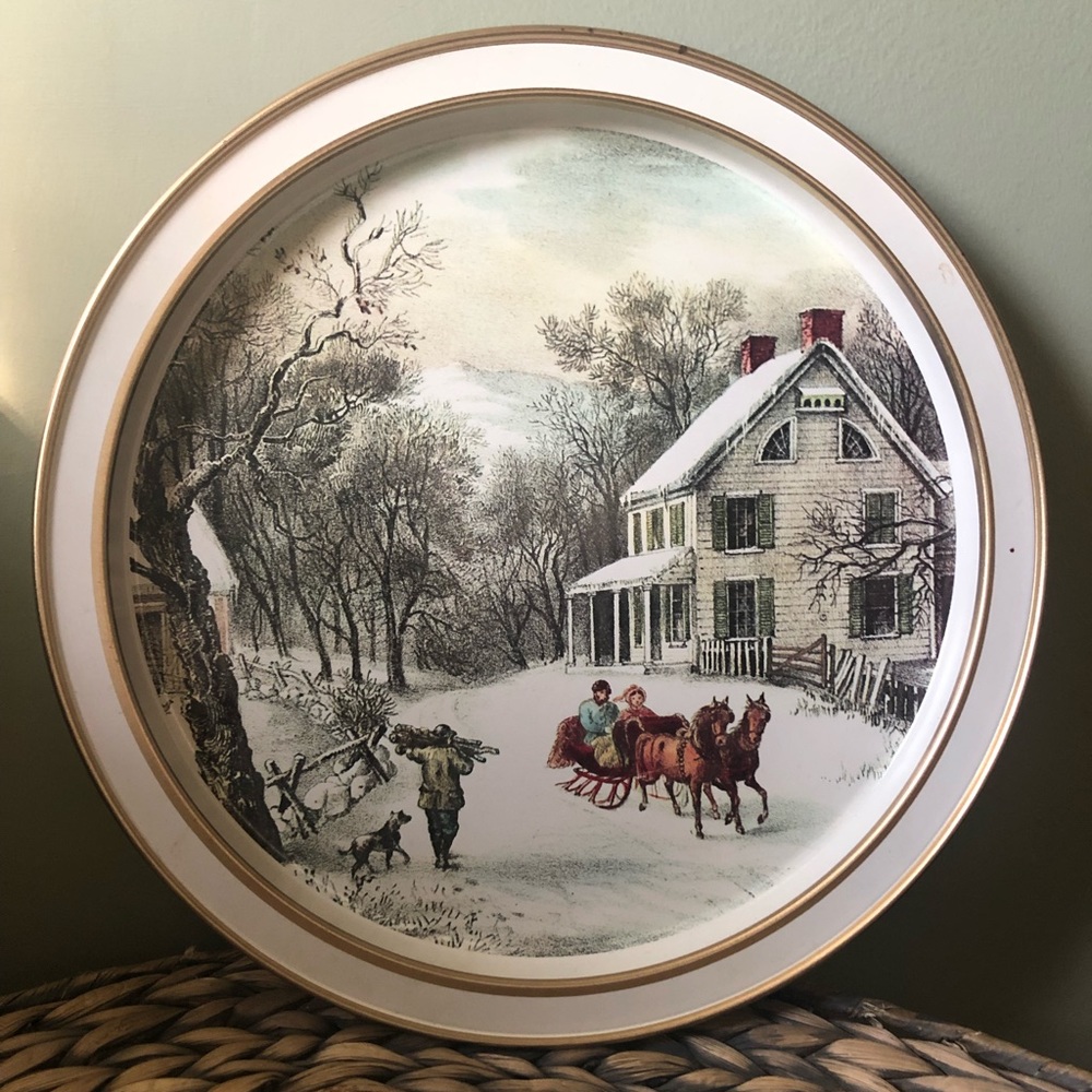 Vintage Currier and Ives Metal Tray - The American Homestead Winter